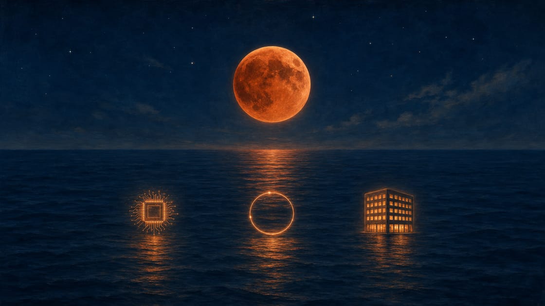 A deep indigo night sky over a calm navy sea, a large blood-amber eclipse moon low on the horizon with an amber reflection on the water, and three small glowing amber shapes floating above the sea in a row: a lit computer chip, a circular ring of light, and a small office building with lit windows