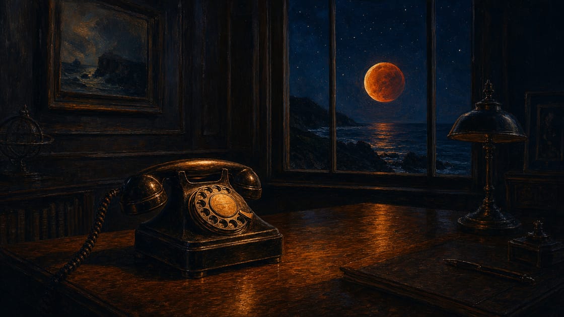 A dark study at early night, an old corded telephone glowing amber on a wooden desk beneath a tall window where a blood-amber eclipse moon hangs in an indigo-blue sky scattered with faint cream stars
