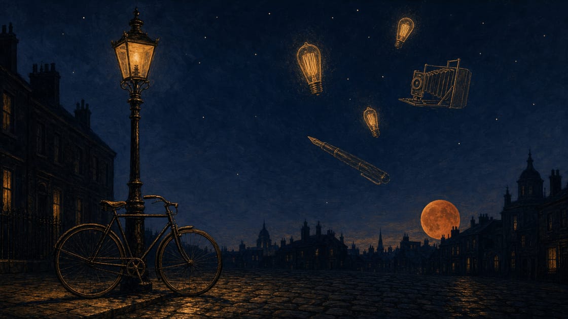 A deep navy Victorian street at night with a 1890s safety bicycle leaning against a warm glowing lamppost, several vintage Edison light bulbs, a bellows camera and a fountain pen floating luminous in the indigo sky, a large amber moon low over the rooftops