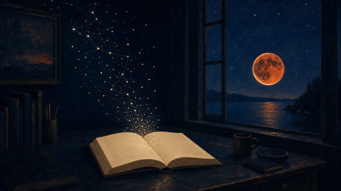 A dark navy desk at night: a cream page where a printed line of text dissolves into a scatter of small glowing cream points drifting upward like a constellation, a few points joined by thin amber threads, under a deep indigo-blue sky with faint cream stars and a large blood-amber eclipse moon