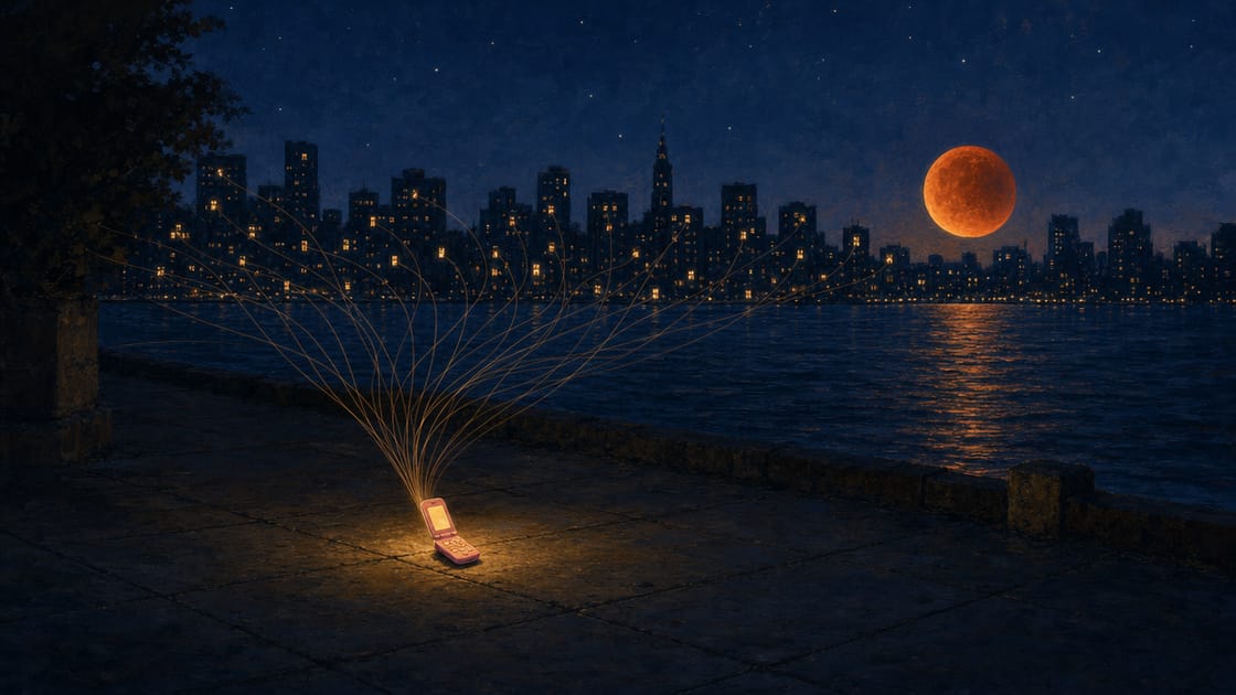 A glowing flip phone lying on dark pavement at early night, thin amber threads of light rising from it and fanning out to dozens of warmly lit windows across a dark city skyline, under a deep indigo-blue sky with faint cream stars and a large blood-amber eclipse moon over dark water