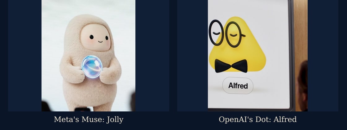 Side-by-side comparison of two AI agent mascots: Meta's Muse mascot Jolly, a cream-colored plush character with dot eyes holding a glowing blue orb, and OpenAI's Dot mascot Alfred, a yellow rounded triangle wearing glasses and a bow tie