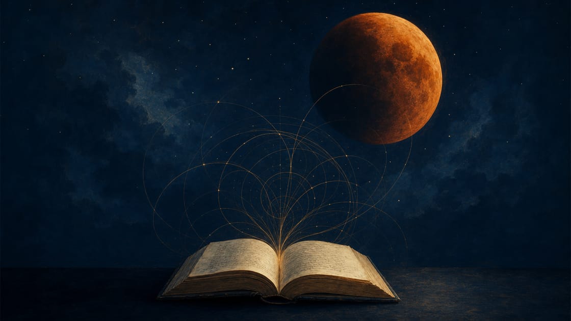 An open book of sonnets on a dark navy desk at night, thin amber lines rising from the pages and bending into faint geometric curves before a large blood-amber eclipse moon in a starry indigo sky