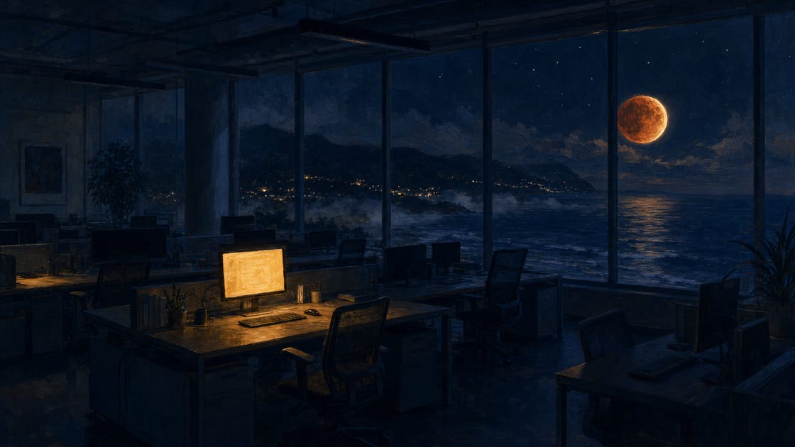 A dark open-plan office at night seen from inside: rows of desks all dark except one glowing amber monitor, and beyond the window wall a deep indigo coastal night with a blood-orange eclipse moon low over foggy water