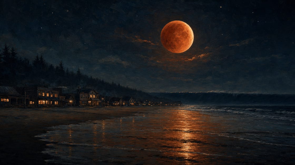 A small coastal town at night with amber-lit windows along an empty shoreline, an enormous dark wave rising on the horizon beneath a deep indigo-blue sky and a large blood-amber eclipse moon