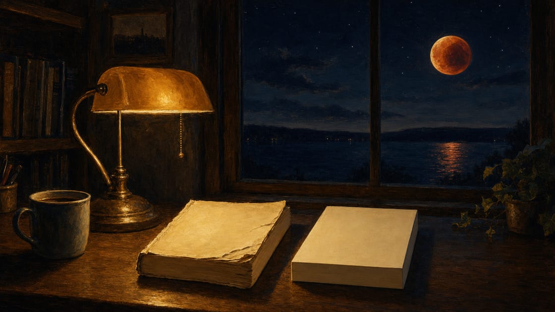 A wooden desk at night beside a large window: a warm amber lamp, a ceramic mug, and two books lying side by side &mdash; one worn with fanned, dog-eared pages, one crisp and new &mdash; while a blood-orange eclipse moon hangs low over dark water under an indigo sky