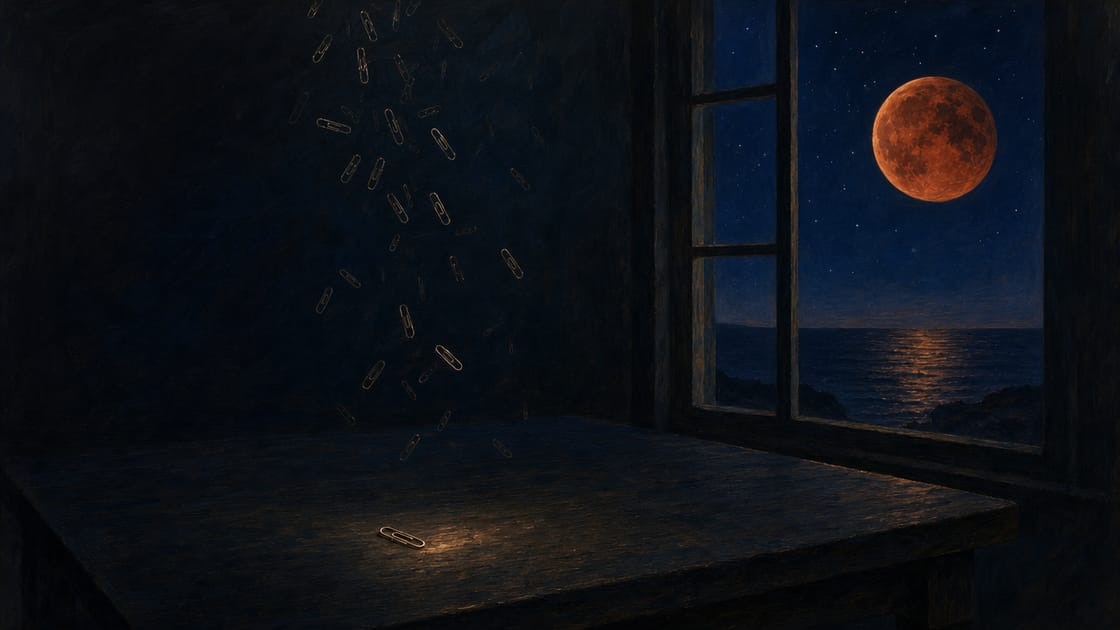 One steel paperclip catching a warm amber glint on a dark navy desk at night, a scatter of paperclips drifting down from above like falling leaves, a tall window beside them with a deep indigo-blue starry sky and a large blood-amber eclipse moon over dark water