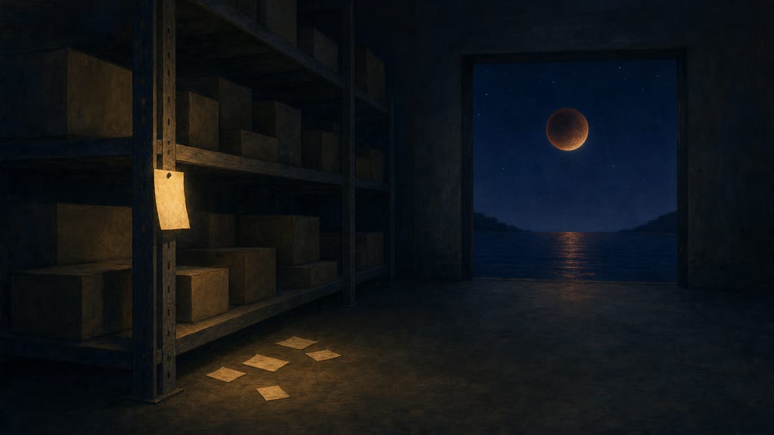 A dark navy supply room at early night: tall industrial shelving stacked with cardboard boxes, one cream paper note pinned to the shelf edge glowing warm amber, a few notes scattered on the floor, an open doorway at the back opening onto a deep indigo-blue night with faint cream stars and a large blood-amber eclipse moon over dark water