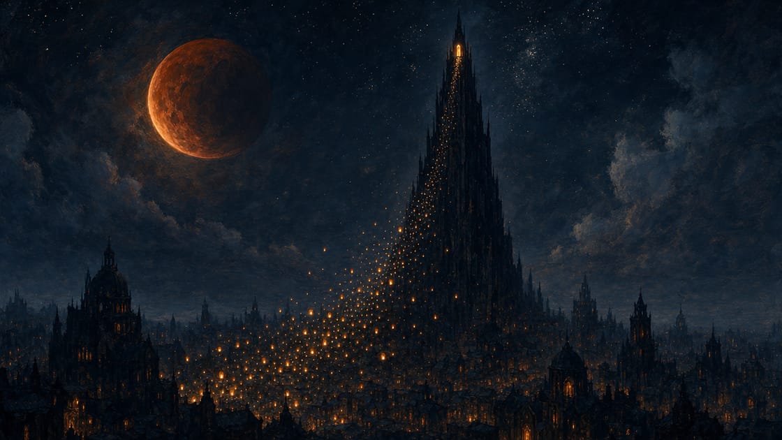 A dark city at night with one tall tower and a single amber-lit window near its summit, a loose swarm of small amber lights rising toward it beneath a deep indigo-blue sky, faint cream stars, and a large blood-amber eclipse moon