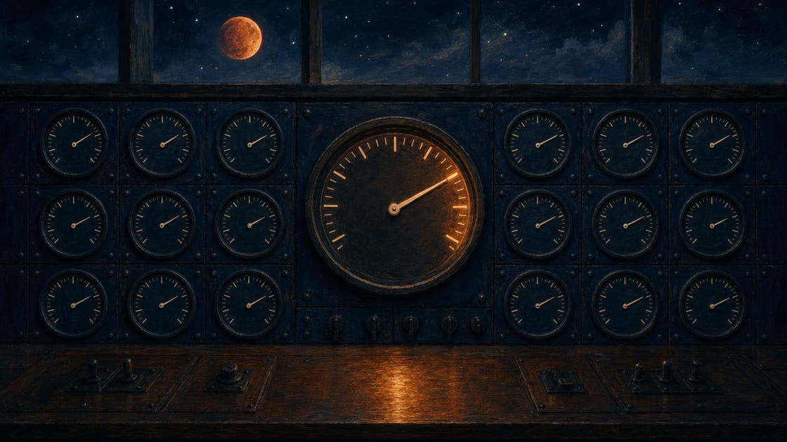 A wall of dark navy analog dials with cream tick marks under a starry indigo night sky, one center dial glowing amber with its needle stopped a single tick short of the final mark