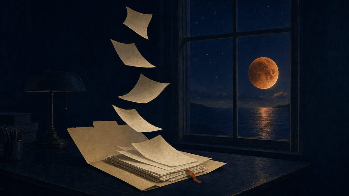 A dark navy desk at night beside a tall window: an open cream manila file folder with cream pages drifting down onto it as if the file keeps gaining pages, a thin blood-amber ribbon marking one page, under a deep indigo-blue sky with faint cream stars and a large blood-amber eclipse moon over dark water