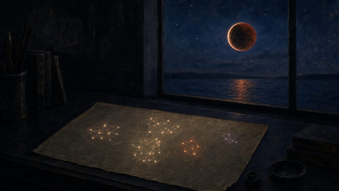 A cream nautical star chart on a dark navy desk at night, five clusters of small glowing cream stars joined by thin amber threads, three of the clusters overlapping and tangled together, one warm orange cluster separate, one small violet cluster alone, a tall window beside the desk with a deep indigo-blue starry sky and a large blood-amber eclipse moon over dark water