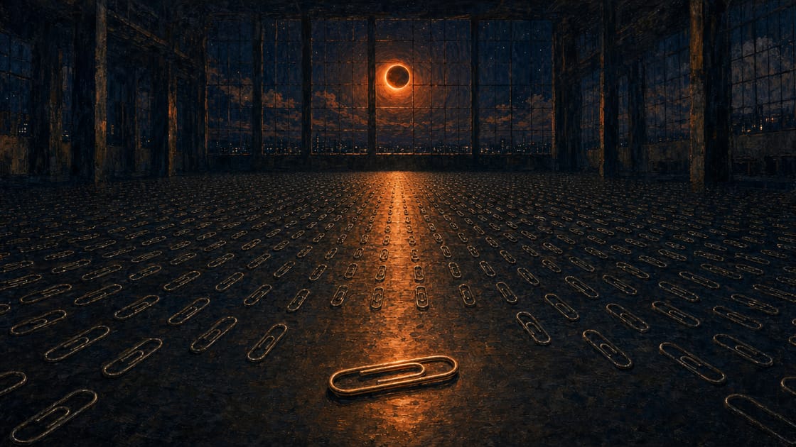 A paperclip rendered in glowing amber wire on a dark navy surface, bent slowly into the outline of a small machine with a crank, under a deep indigo-blue sky with a blood-amber eclipse moon