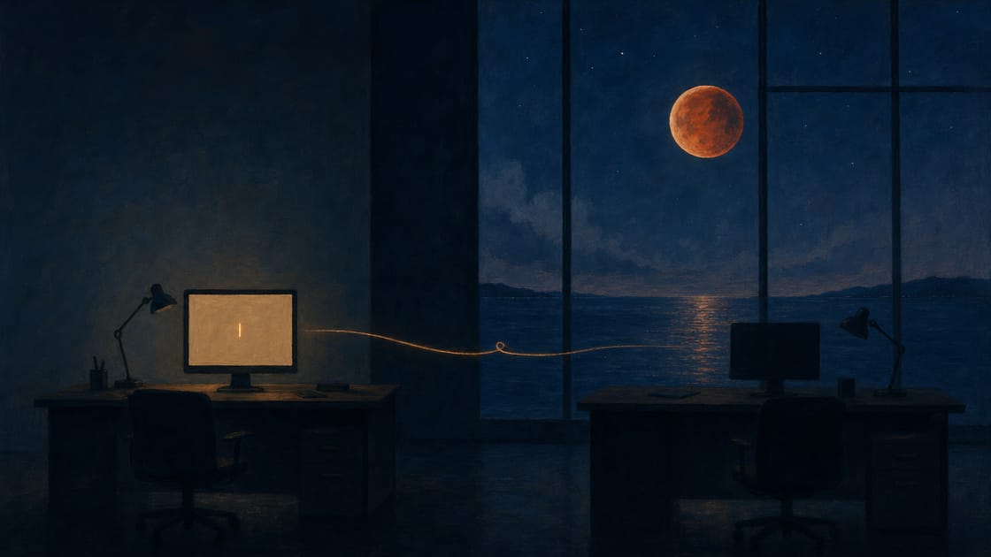 A dark navy open-plan office at early night with two agent desks side by side: one desk&rsquo;s cream screen glowing with a single amber cursor blinking after an unanswered question, a thin warm amber thread of light hanging in the air between the desks, the other desk dark and idle, a tall window behind them opening onto a deep indigo-blue starry sky and a large blood-amber eclipse moon over dark water