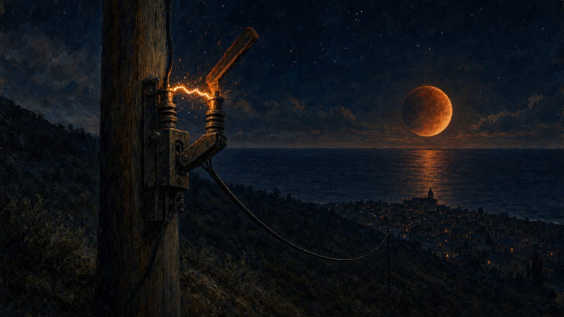 A utility pole on a dark hillside with a knife-switch thrown open and a small amber spark across the gap, one cable running down toward a coastal town with mostly dark windows, under a deep indigo-blue sky and a large blood-amber moon over the water
