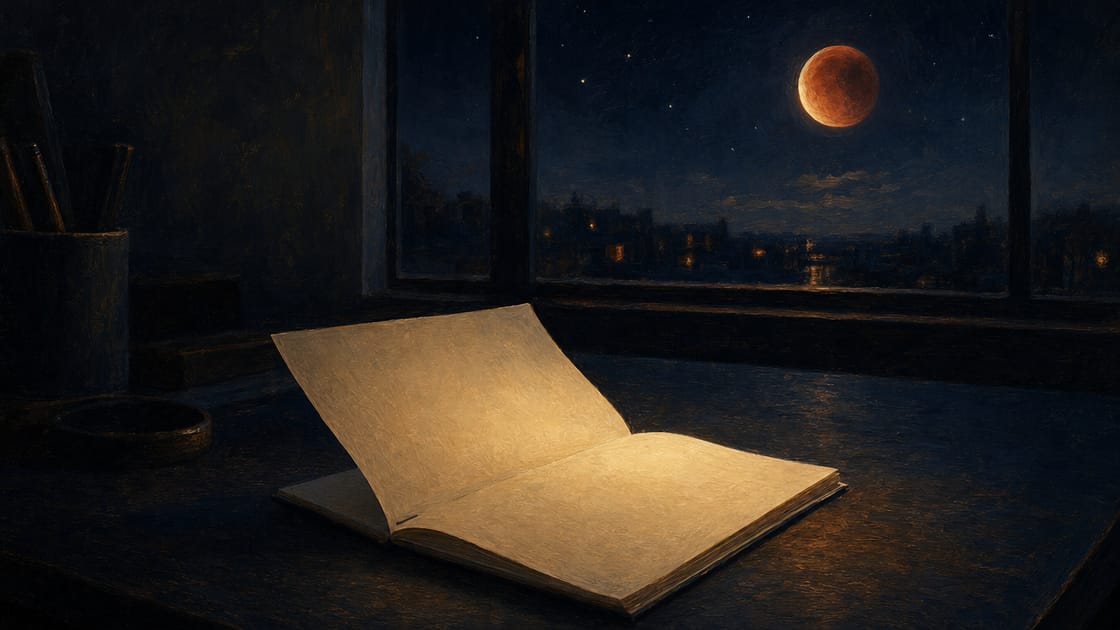An open blank cream booklet glowing softly on a dark navy office desk at night, an empty chair beyond it, a blood-amber eclipse moon in a starry indigo sky through the window