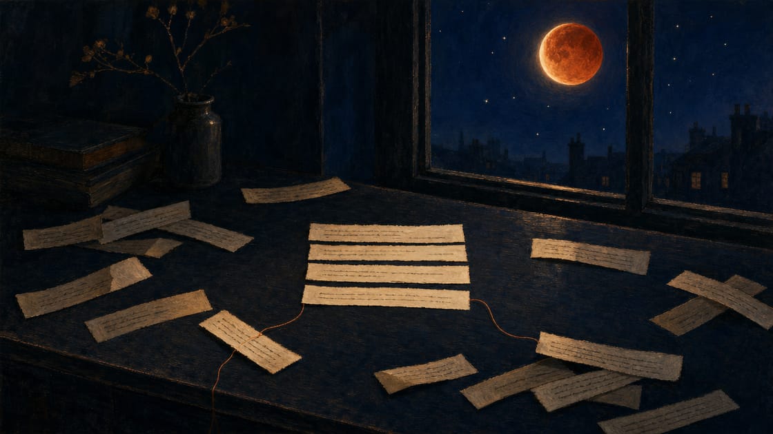 A dark navy desk at night beside a tall window: a cream poem page cut into scattered strips, a few still in order and two joined by thin amber threads, under a deep indigo-blue sky with faint cream stars and a large blood-amber eclipse moon
