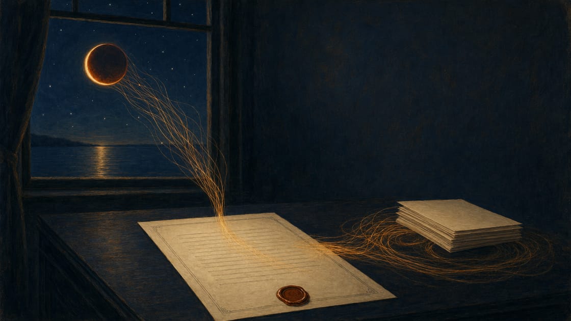 A cream corporate charter document with a wax seal lying on a dark navy desk at early night, thin amber threads rising from it — one bundle climbing through a tall window toward a large blood-amber eclipse moon over dark water in a deep indigo-blue starry sky, the other coiling flat into a stack of blank cream pages on the desk